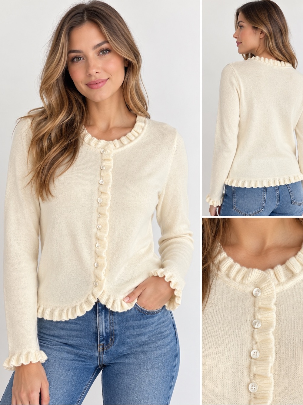 Pure Collection 100% Cashmere Cream Cashmere Long Sleeve Ruffle Cardigan